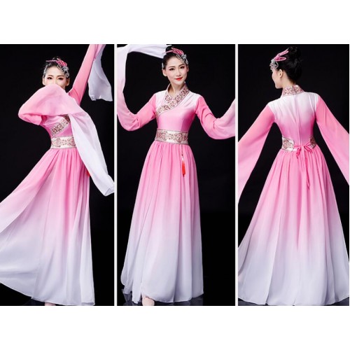 pink colored Women' s chinese folk dance dresses water sleeves hanfu traditional yangko stage performance umbrella dresses